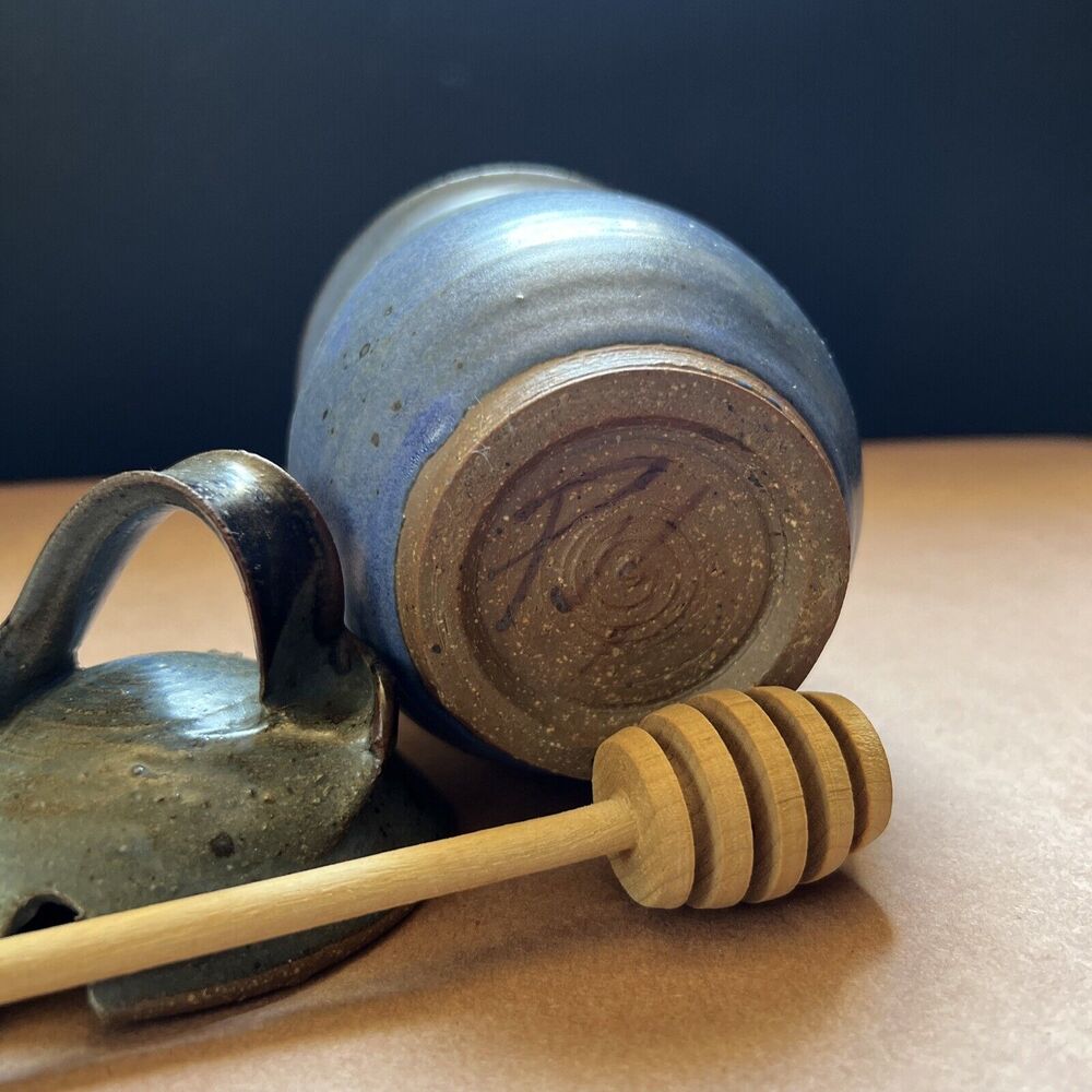 Handmade Signed Pottery Honey Pot With Stick Blue - Picture 9 of 9
